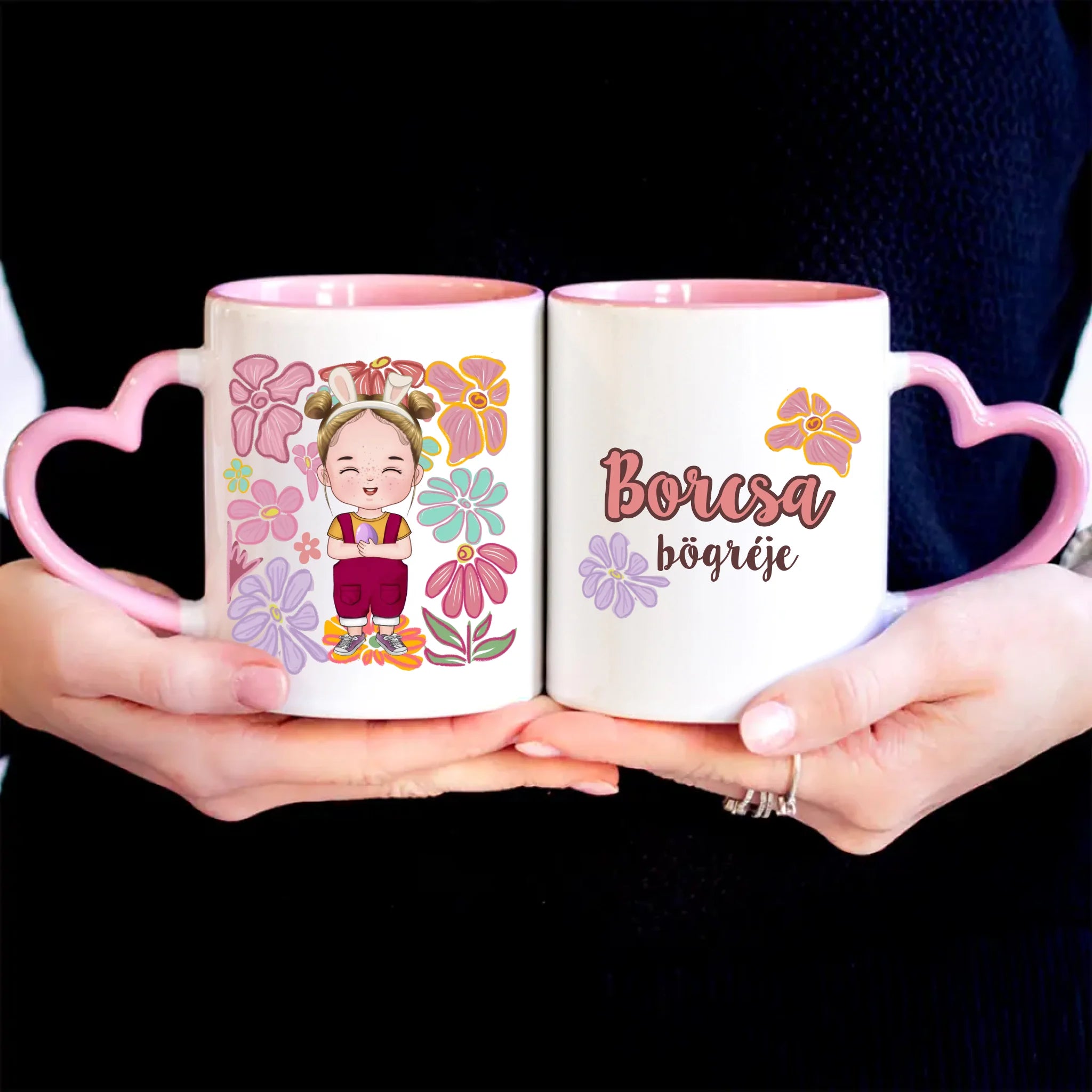 Húsvéti ajándék kislányoknak - egyedi neves bögre szerkeszthető karakterrel