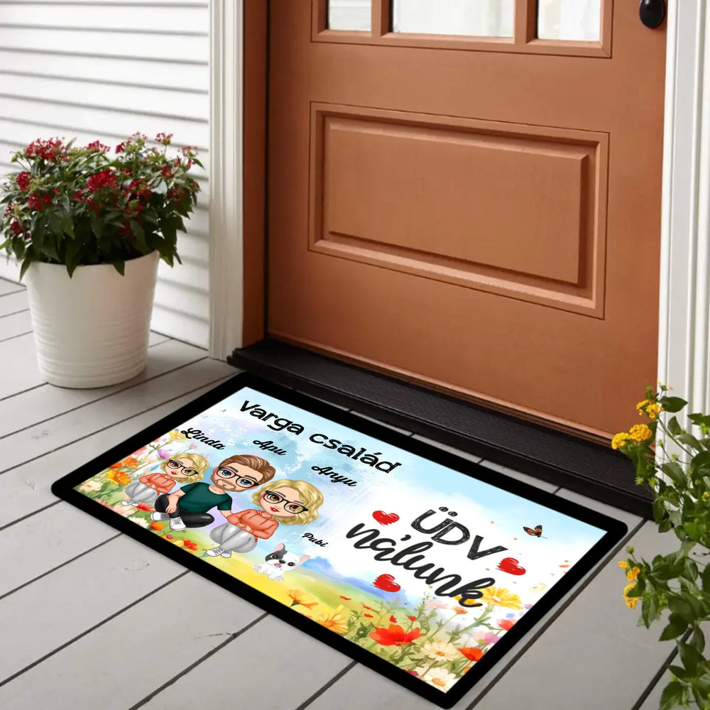 Szerkeszthető család karakteres lábtörlő virágos mintával és kutyával