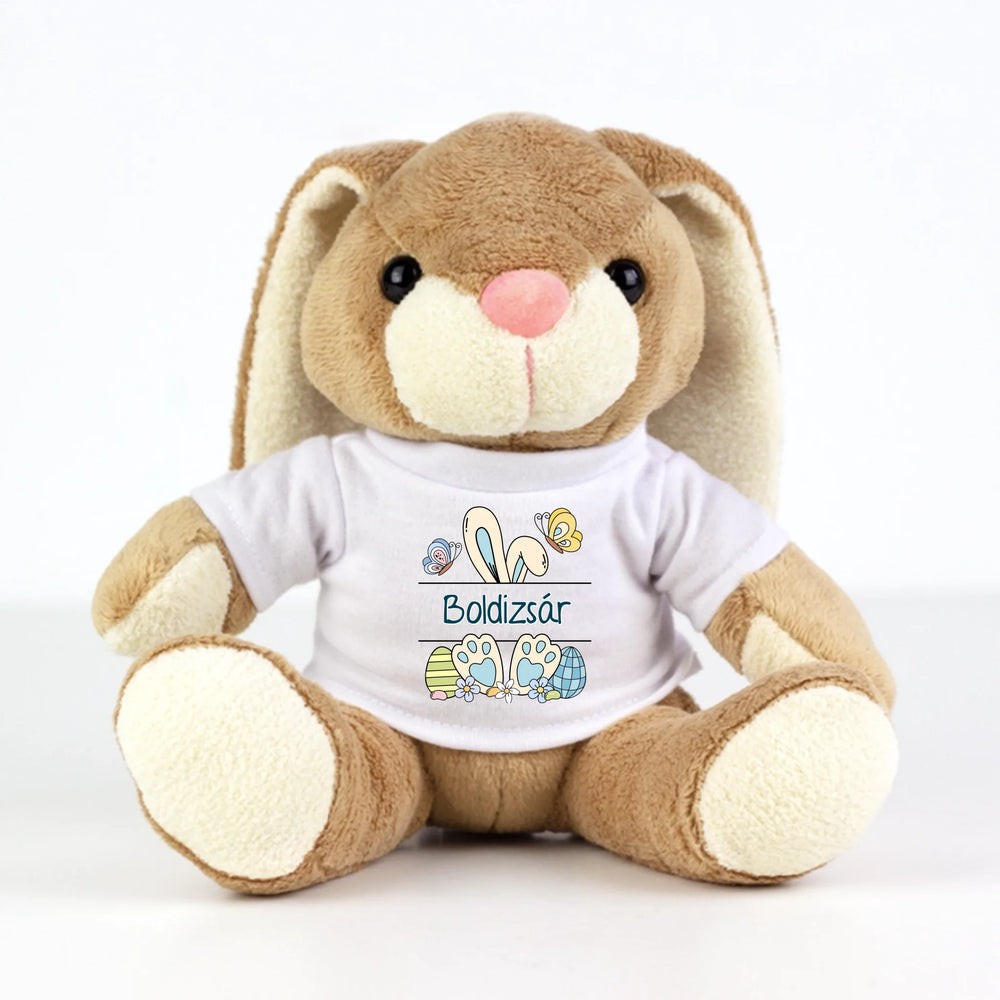 Húsvéti Plüssnyuszi fiúknak egyedi névvel választható nyuszifül mintával