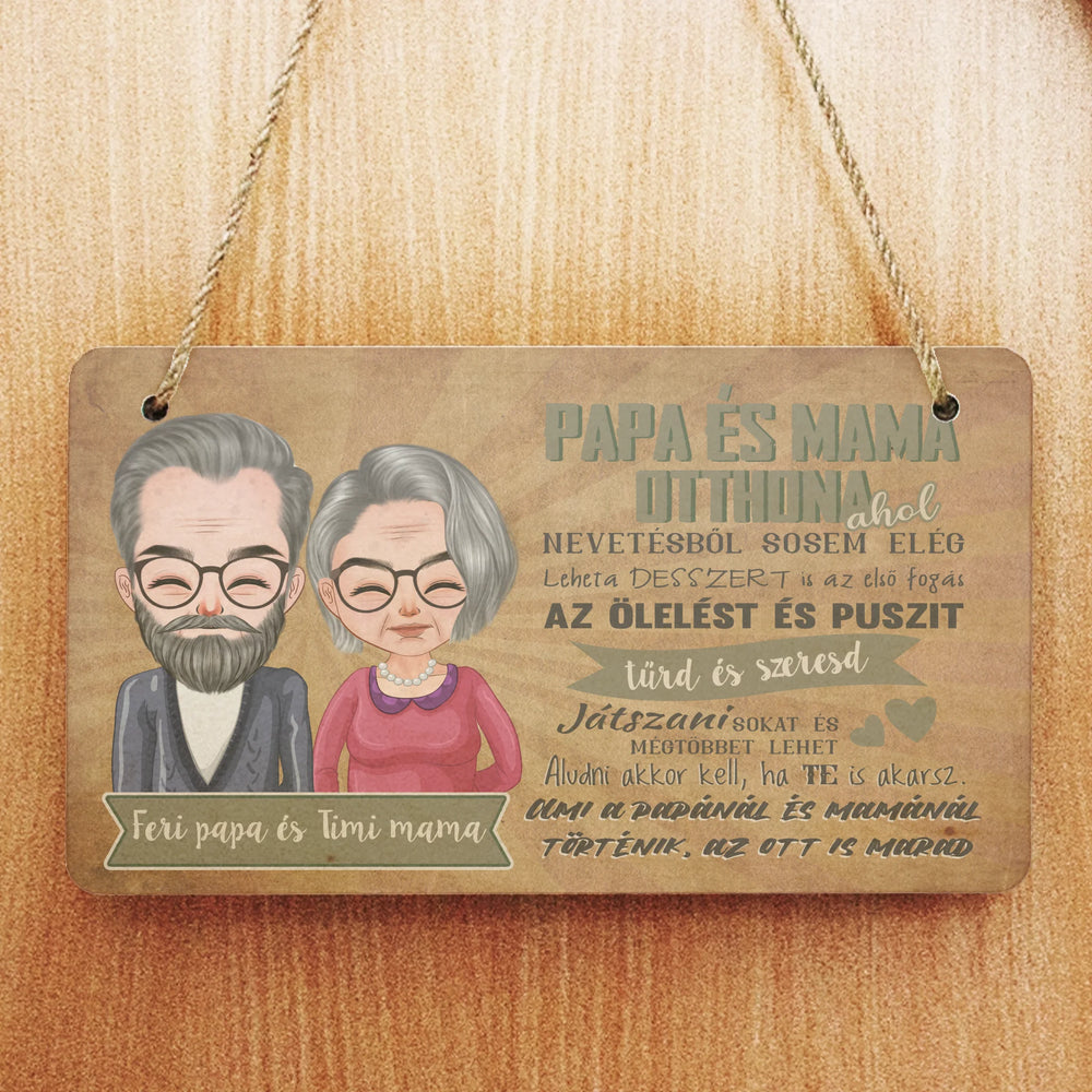 Fali dekor tábla ajándék nagyszülőknek - Mama és Papa otthona szerkeszthető karakterekkel