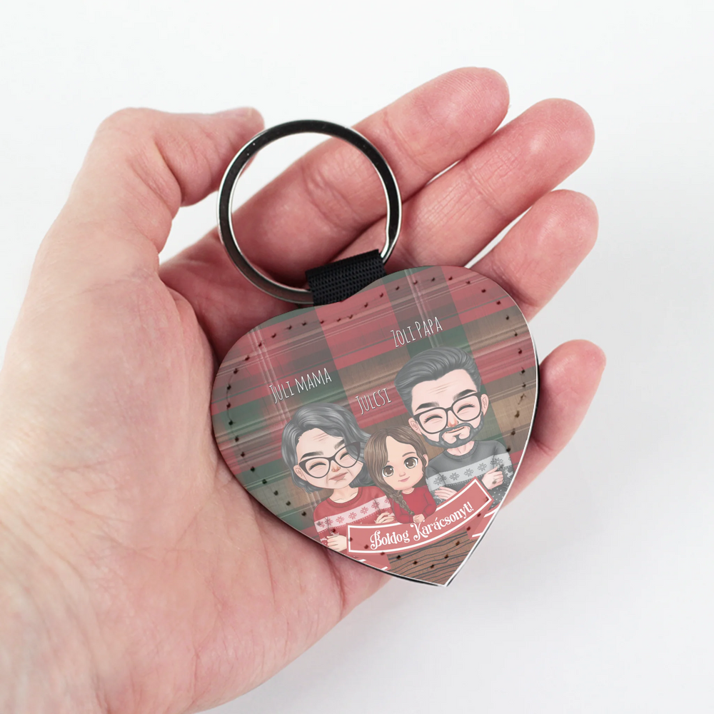 Karácsonyi cuki család nagyszülőkkel szív alakú kulcstartó
