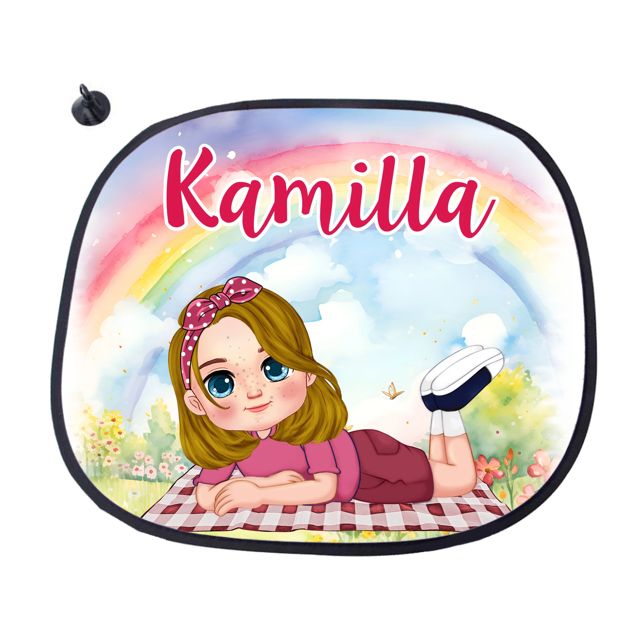 Szerkeszthető karakteres egyedi ajándék napellenző gyerekeknek kislányos mintával