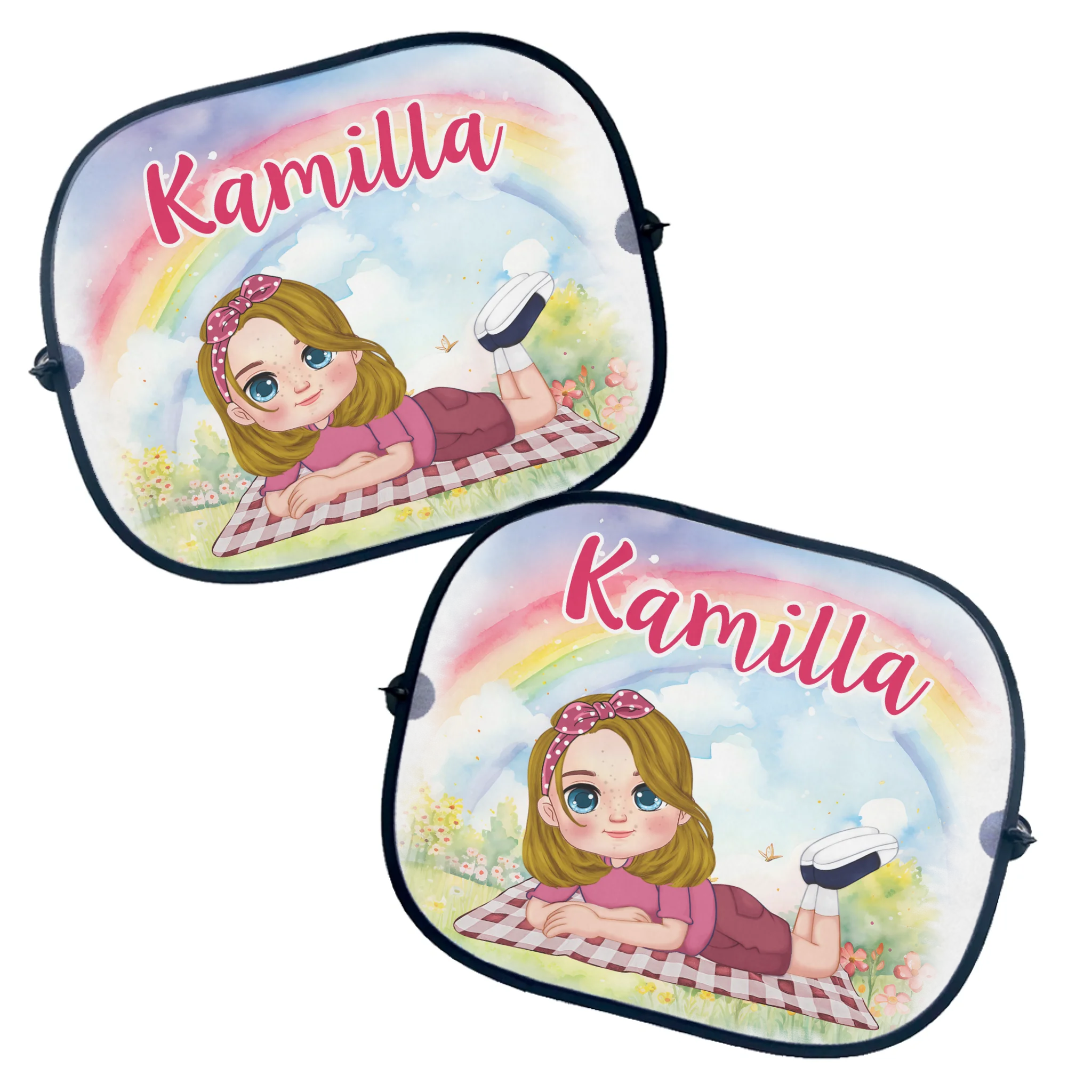 Szerkeszthető karakteres egyedi ajándék napellenző gyerekeknek kislányos mintával