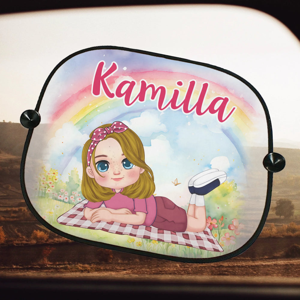 Szerkeszthető karakteres egyedi ajándék napellenző gyerekeknek kislányos mintával