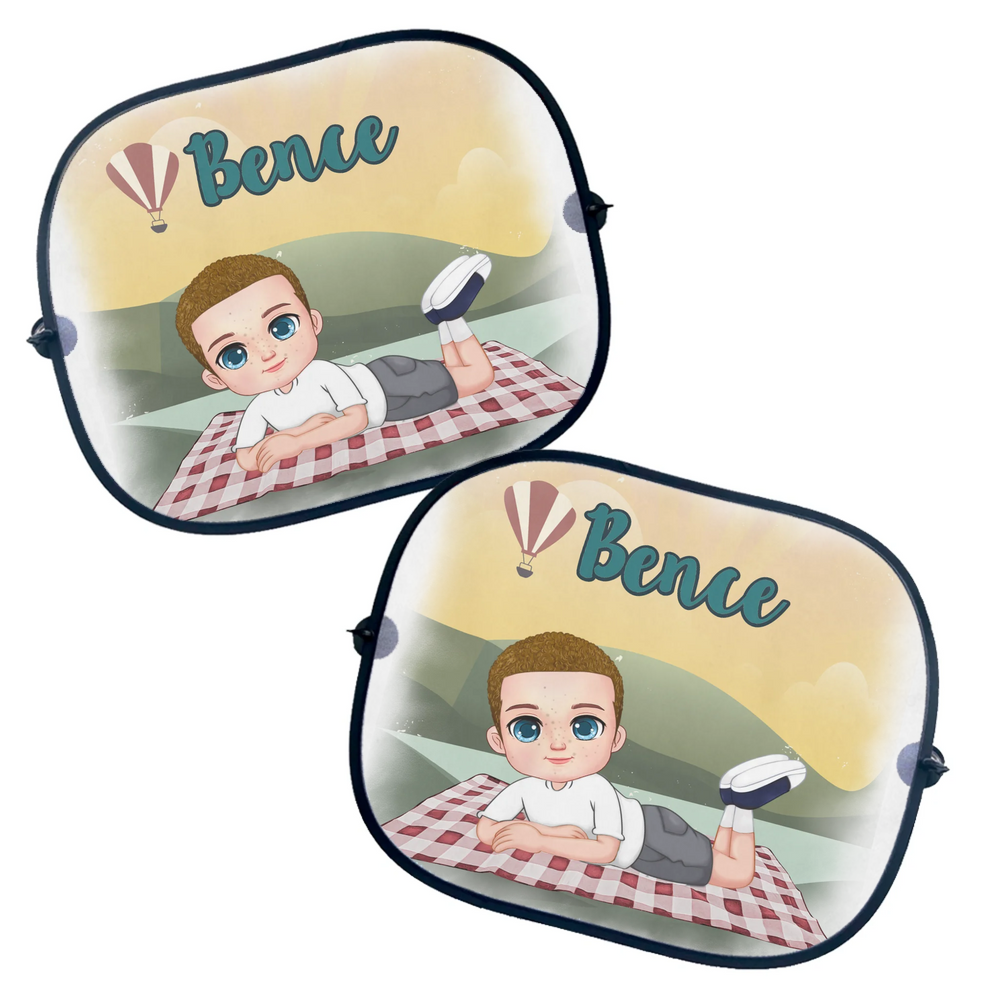 Szerkeszthető karakteres egyedi ajándék napellenző gyerekeknek kisfiús mintával