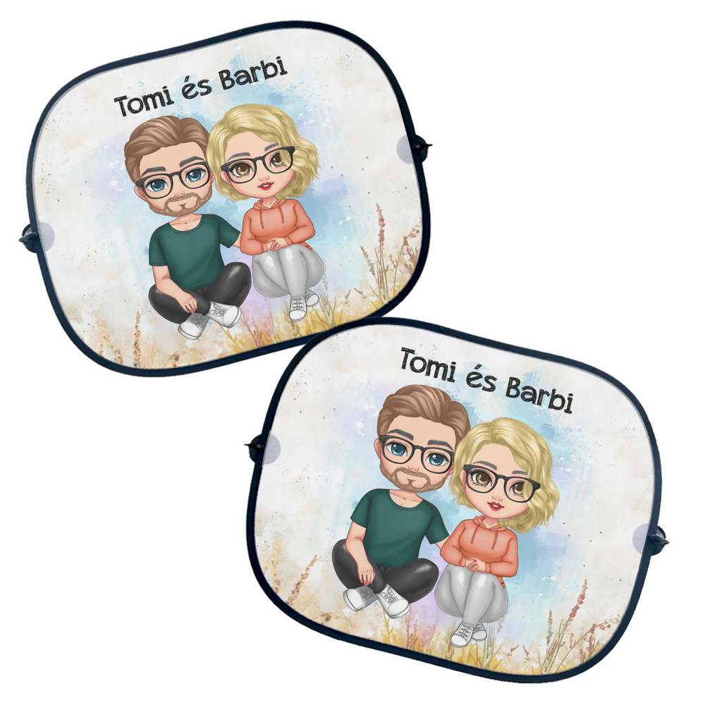 Szerkeszthető cuki páros karakteres autós napellenző egyedi felirattal