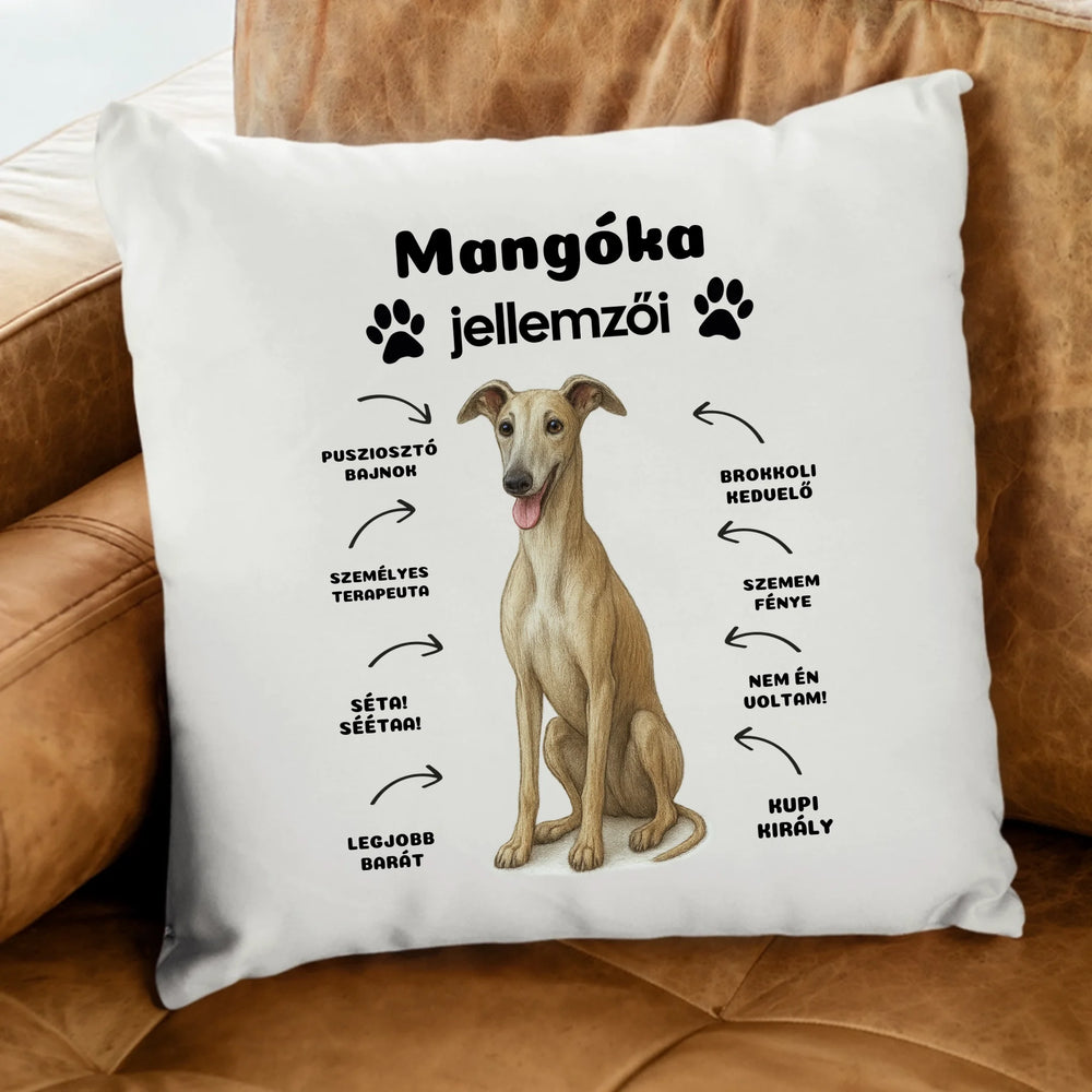 Az én kutyám jellemzői egyedi feliratokkal párna