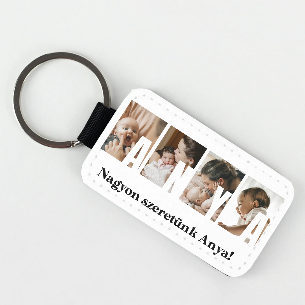 Ajándék Anyának - Egyedi képes Anya szeretünk bőrkulcstartó