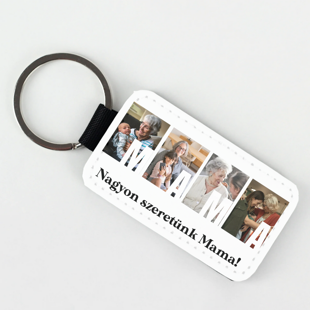 Ajándék Mamának - Egyedi képes Mama szeretünk bőrkulcstartó