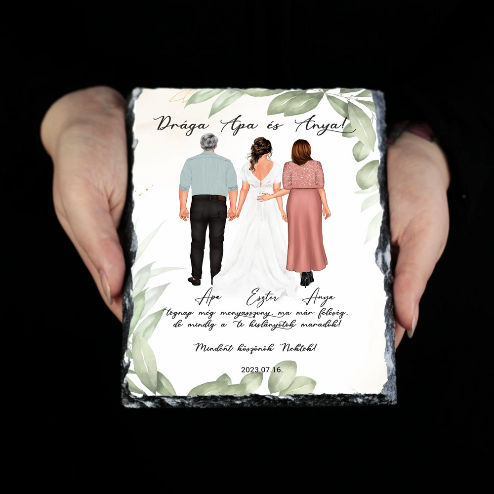 Szerkeszthető karakteres esküvői köszönőajándék gránitlap szülőknek - lánytól