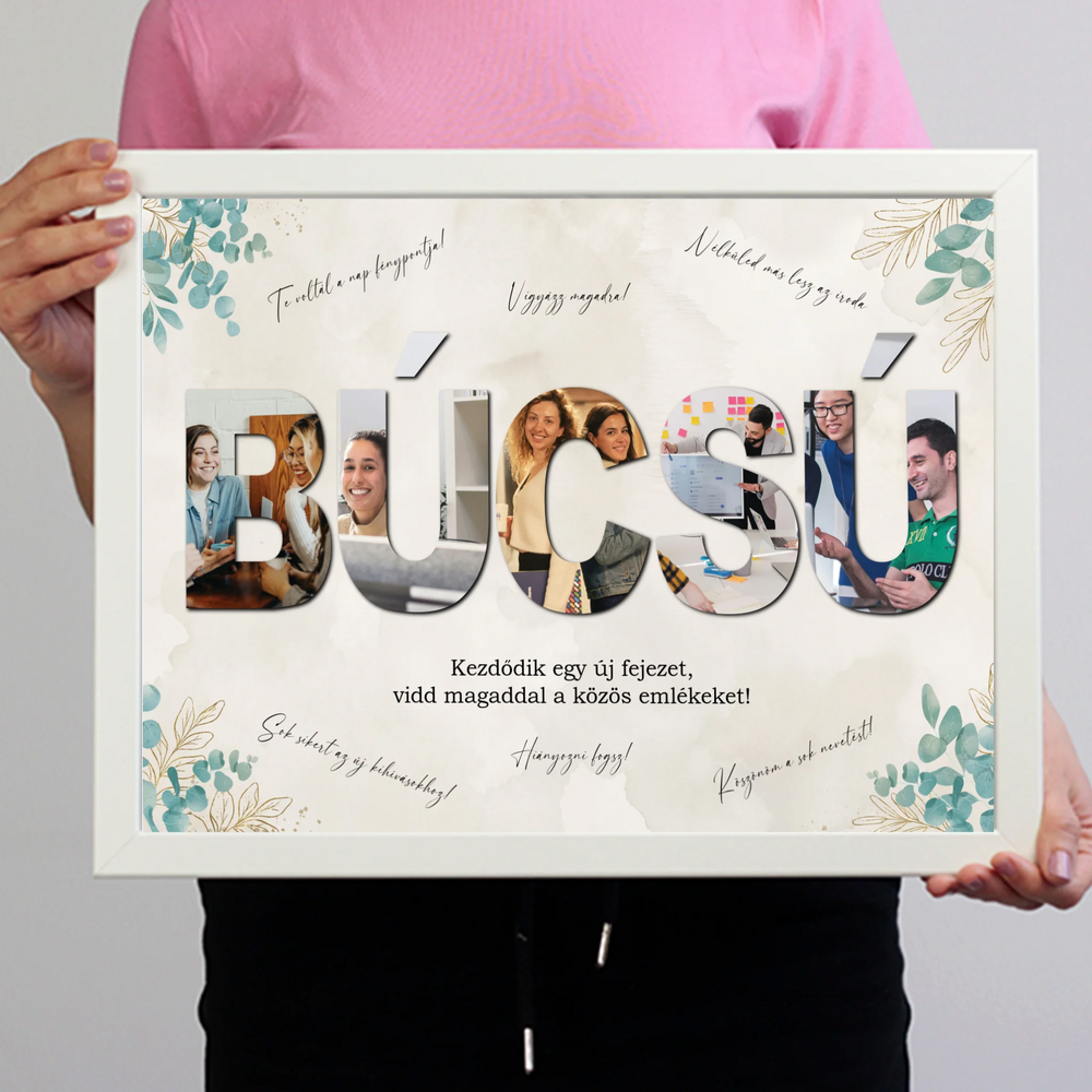 Egyedi búcsúajándék kollégának - fotómontázs felirattal és aláírásokkal falikép