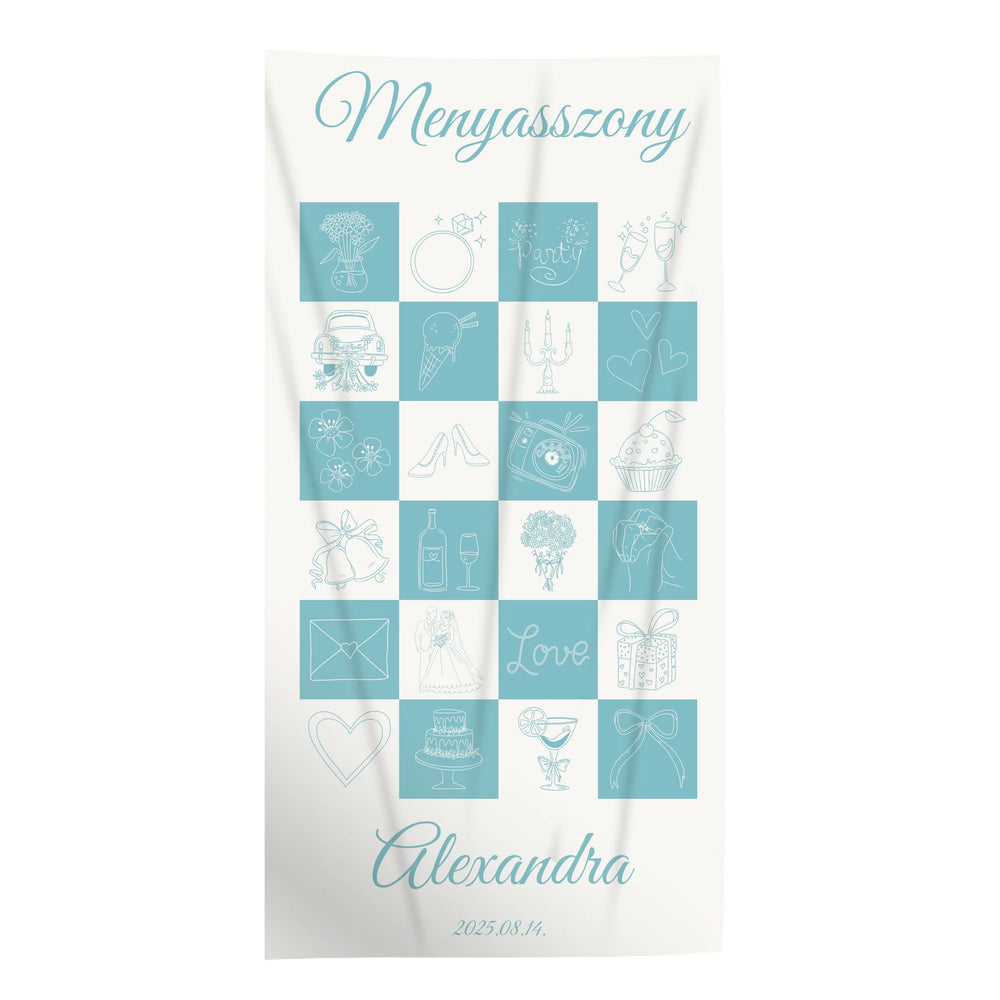 Egyedi törölköző lánybúcsúra – kockás mintával és felirattal