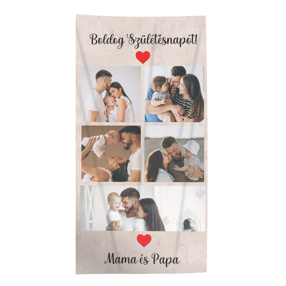 Egyedi 5 képes strandtörölköző szerkeszthető felirattal