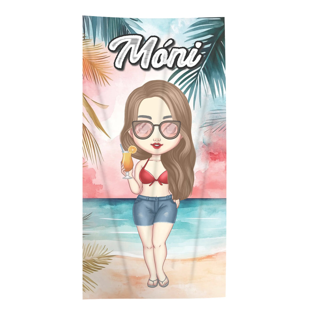 Cuki karakteres egyedi strandtörölköző névvel - egyedi ajándék nőknek