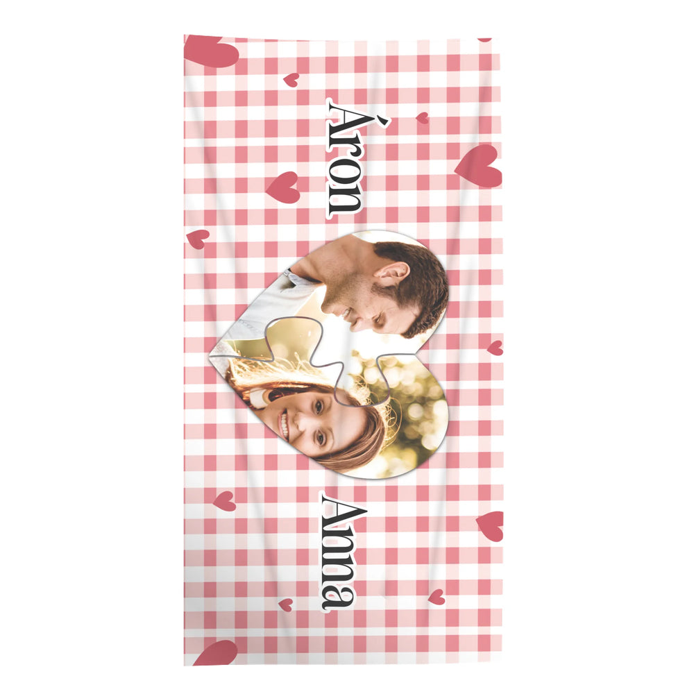 Puzzle szív - strandtörölköző saját fotóval és névvel