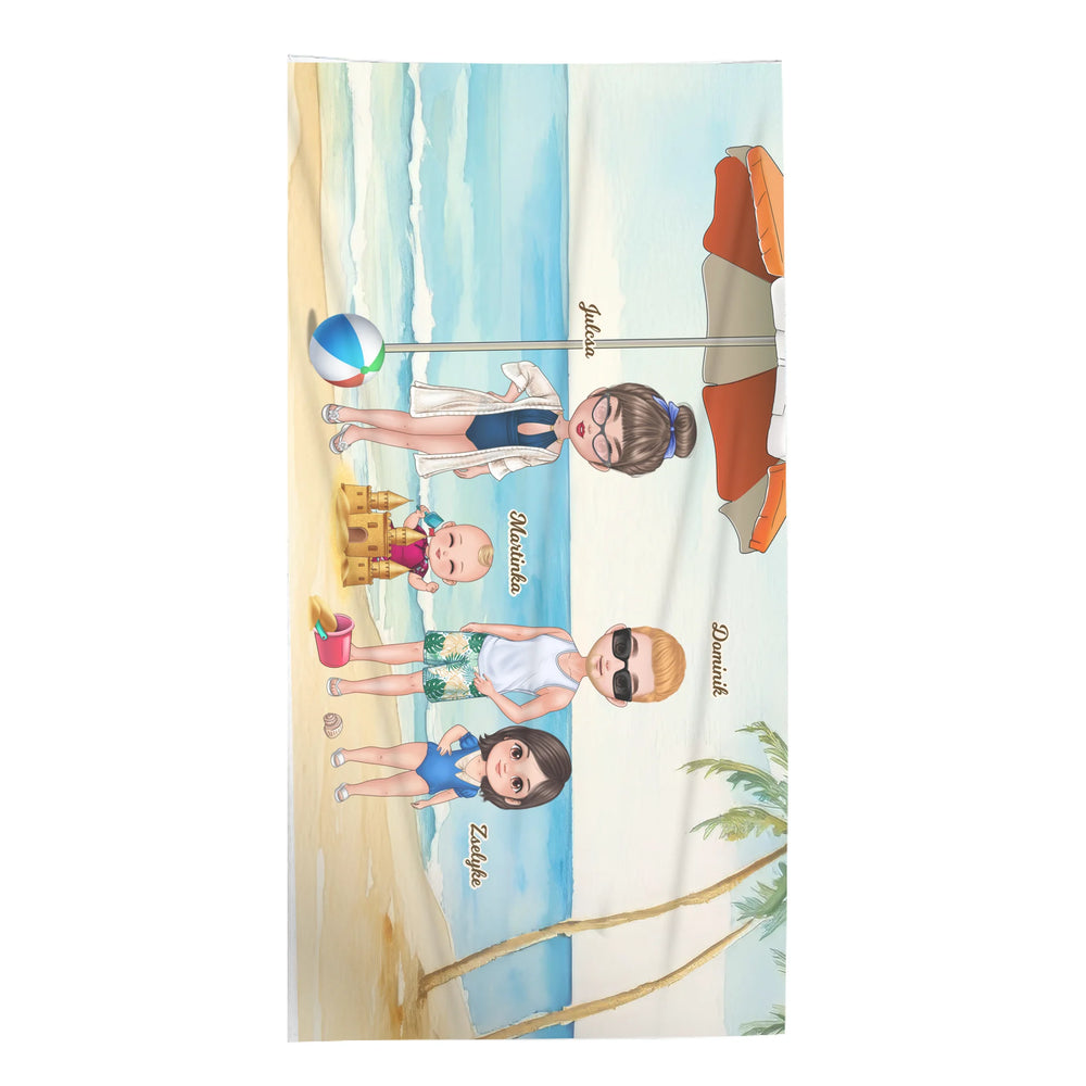 Szerkeszthető karakteres strandoló család egyedi mintás strandtörölköző