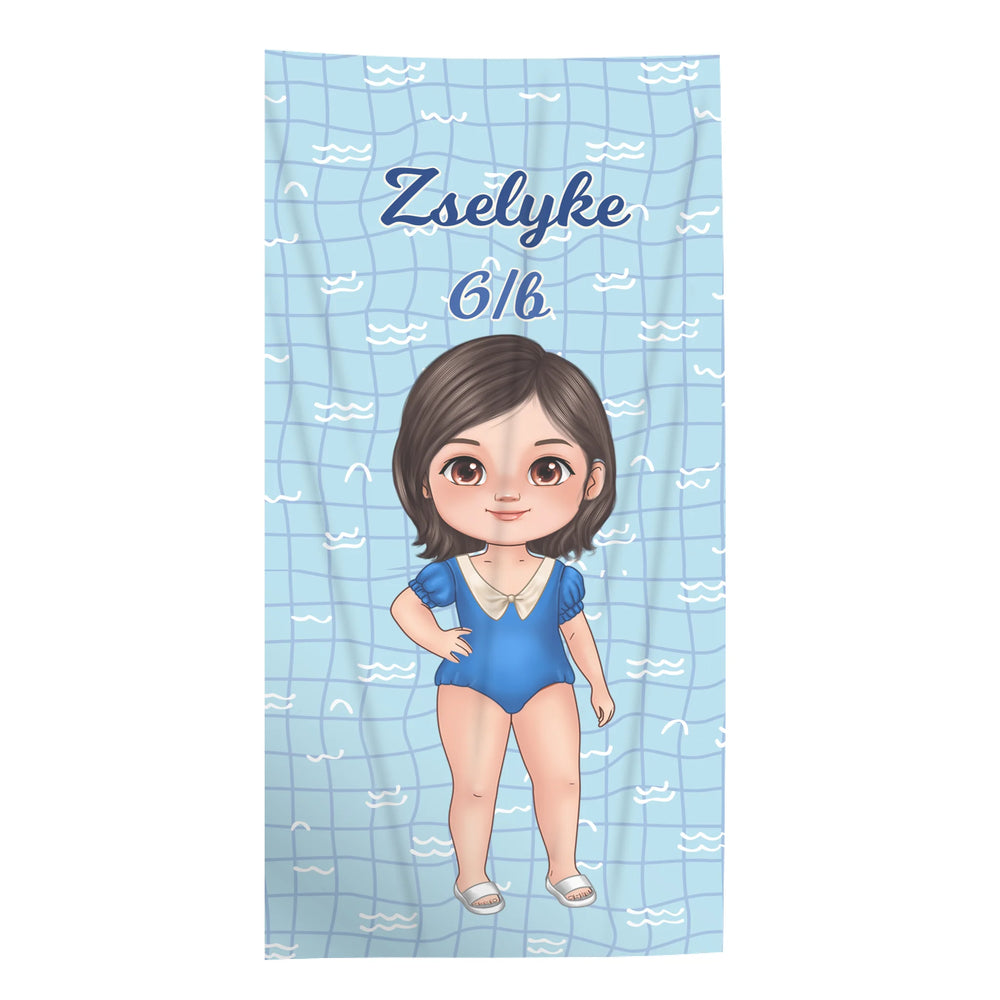 Szerkeszthető karakteres ajándék törölköző iskolai úszásra lányoknak