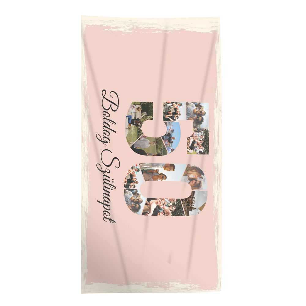 Egyedi képes 50-es ajándék törölköző szerkeszthető felirattal és évszámmal