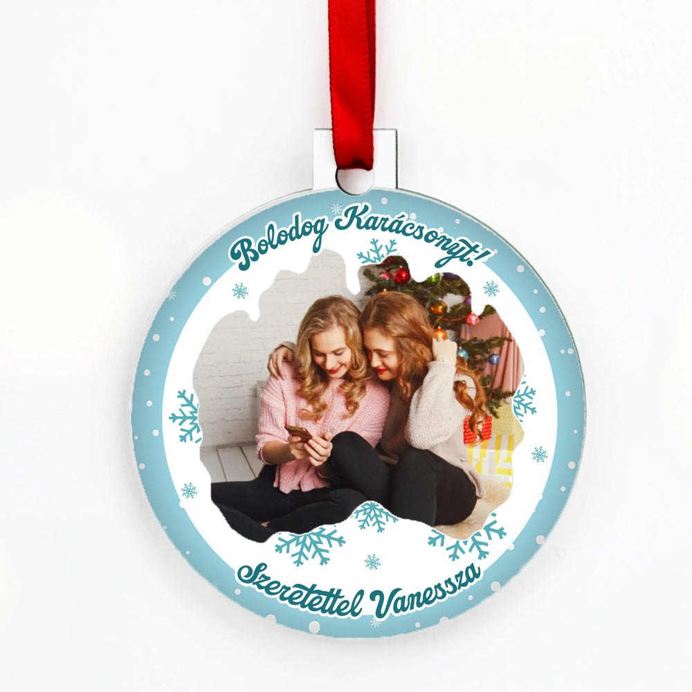 Egyedi fényképes kör alakú hópelyhes karácsonyfadísz szerkeszthető felirattal