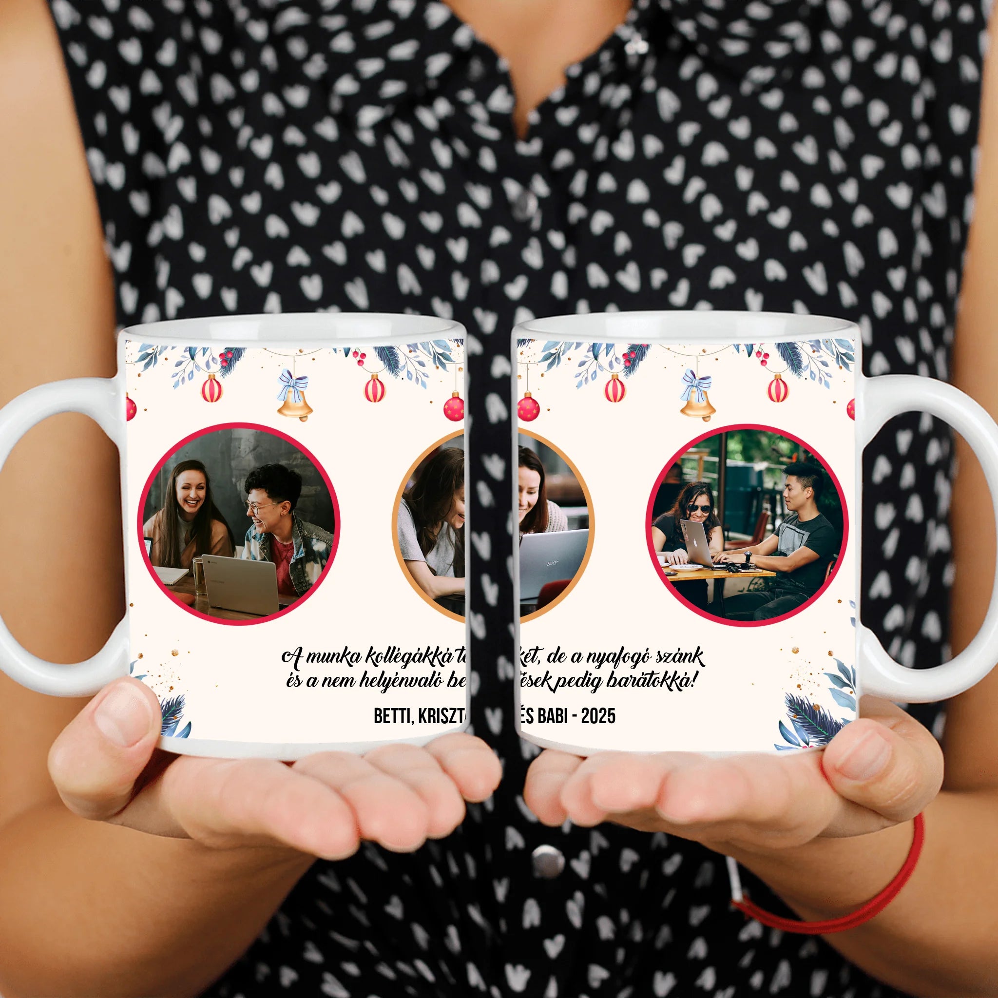 Karácsonyi bögre kollégáknak egyedi felirattal és képekkel