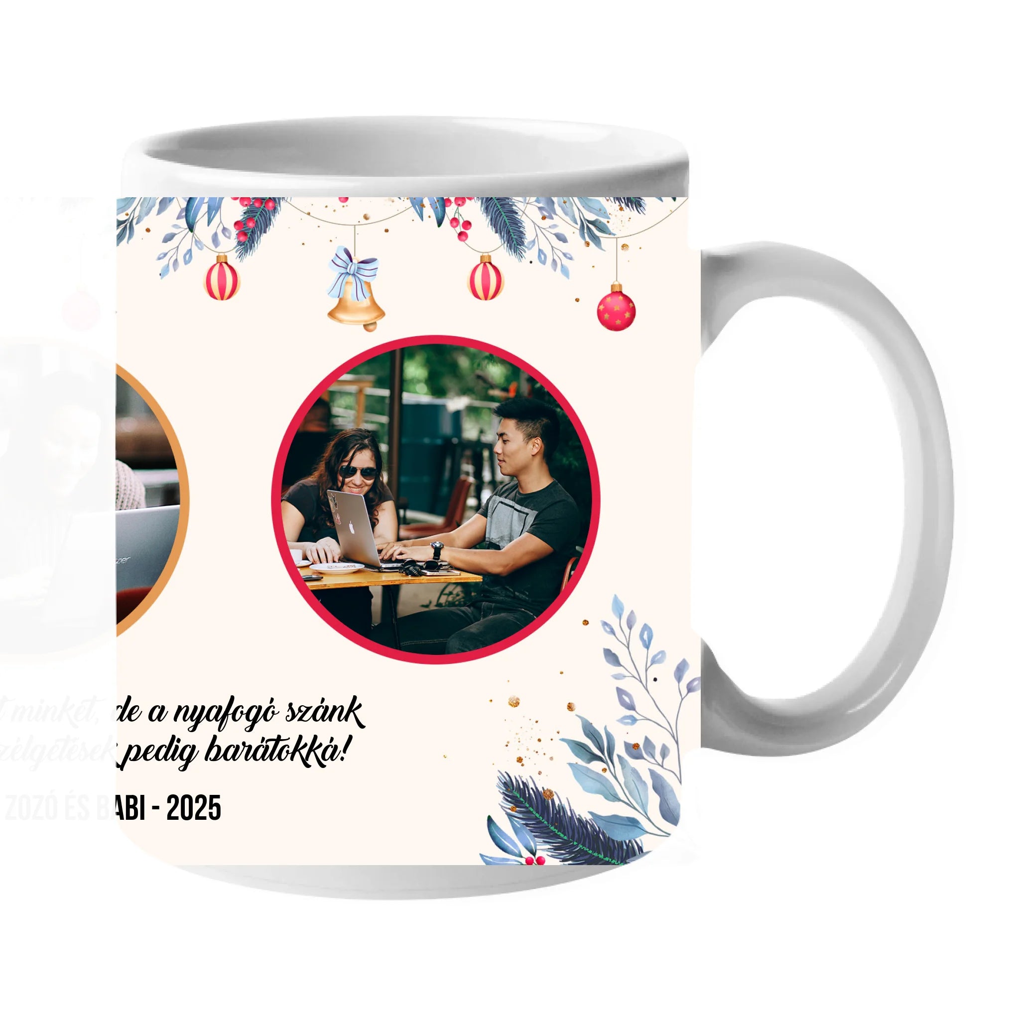 Karácsonyi bögre kollégáknak egyedi felirattal és képekkel