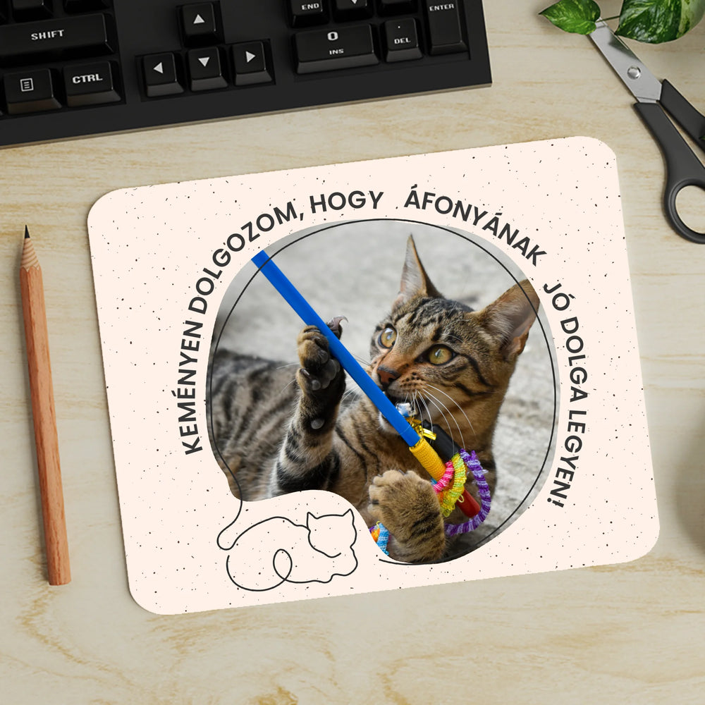 Macskás egérpad gazdiknak - Keményen dolgozom felirattal képpel és cica nevével