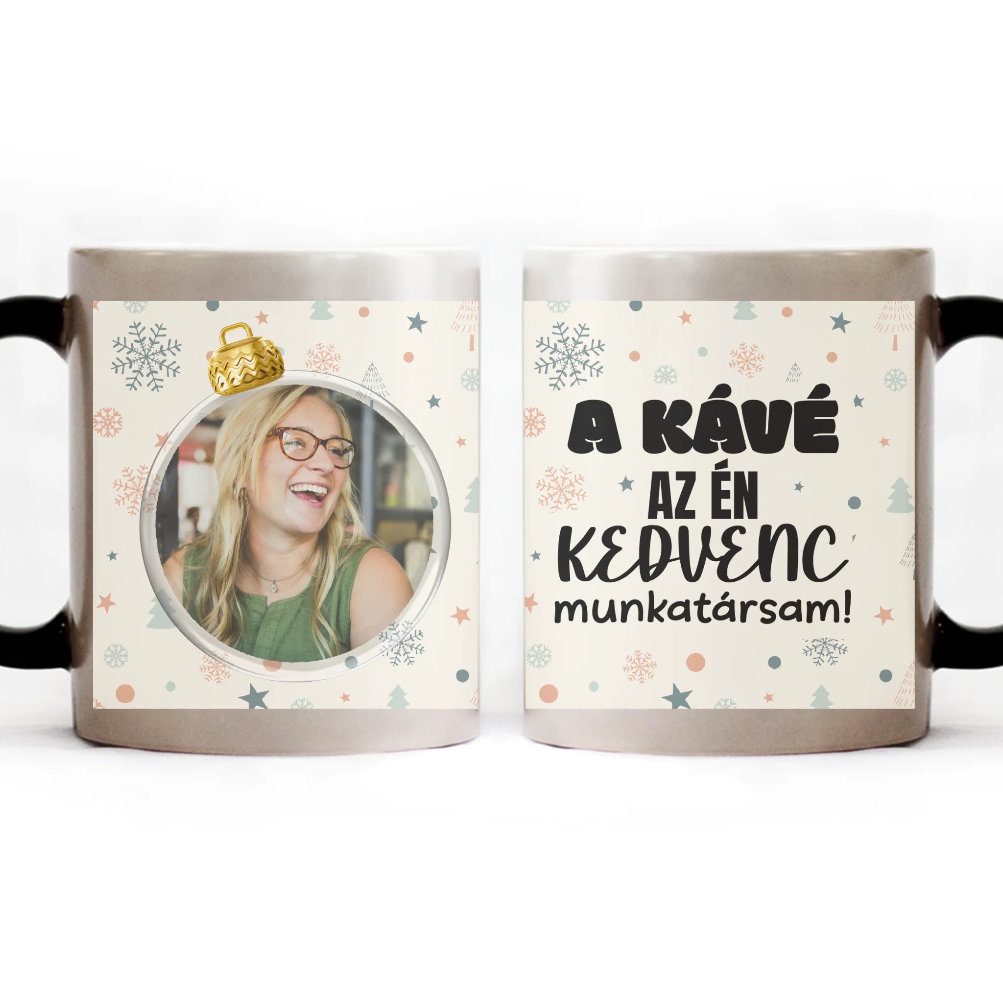 Karácsonyi bögre kollégának saját fotóval és vicces választható felirattal