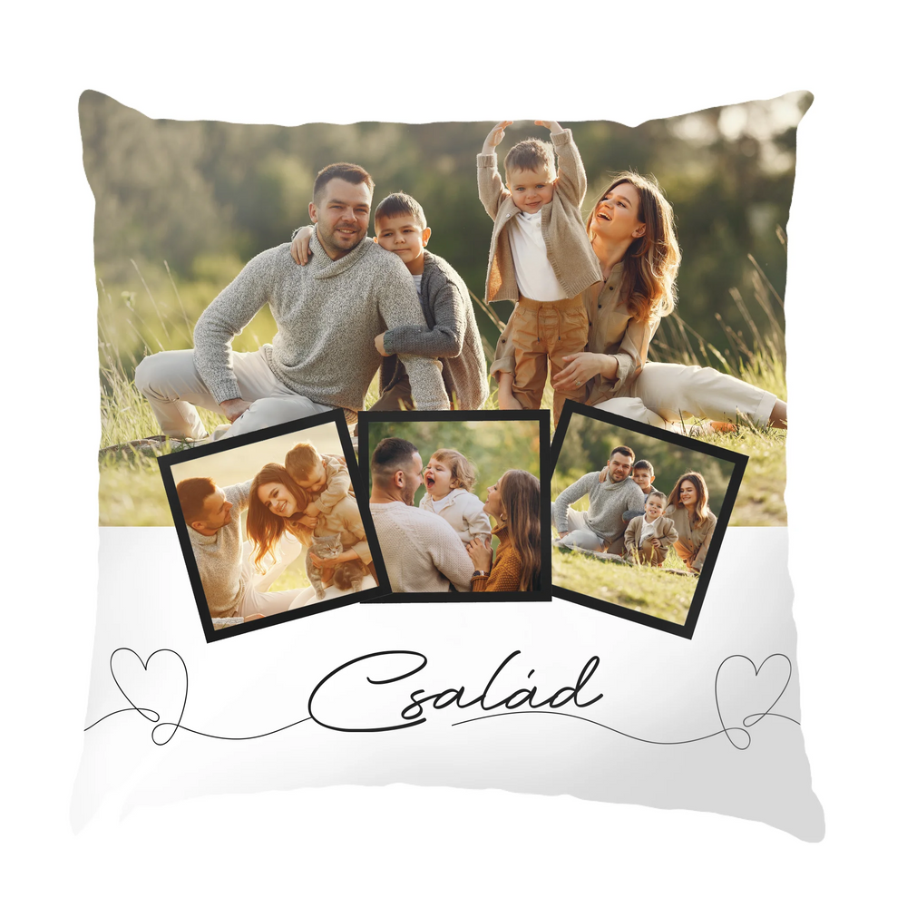 Egyedi képes fullprint párna család felirattal