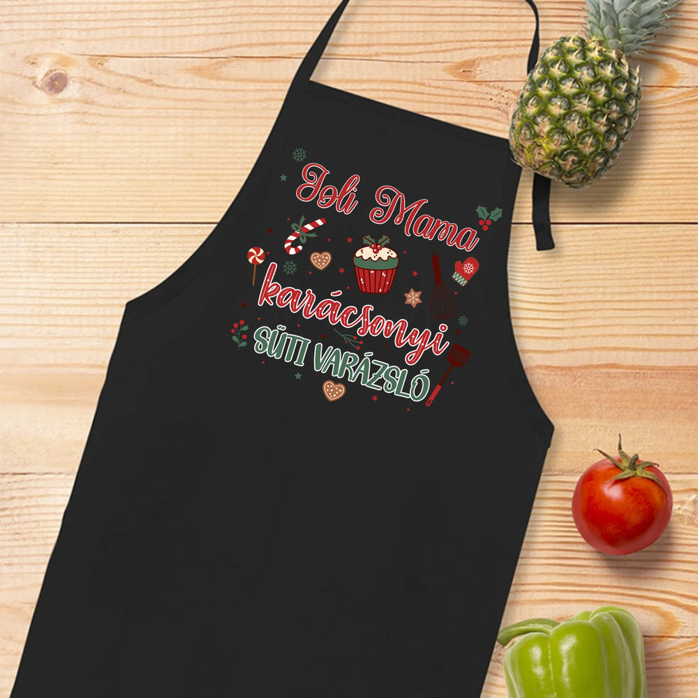 Karácsonyi süti varázsló - egyedi névvel fekete kötény