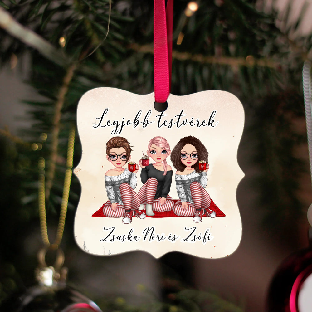Szerkeszthető karakteres négyzetes karácsonyfadísz ajándék lány testvéreknek