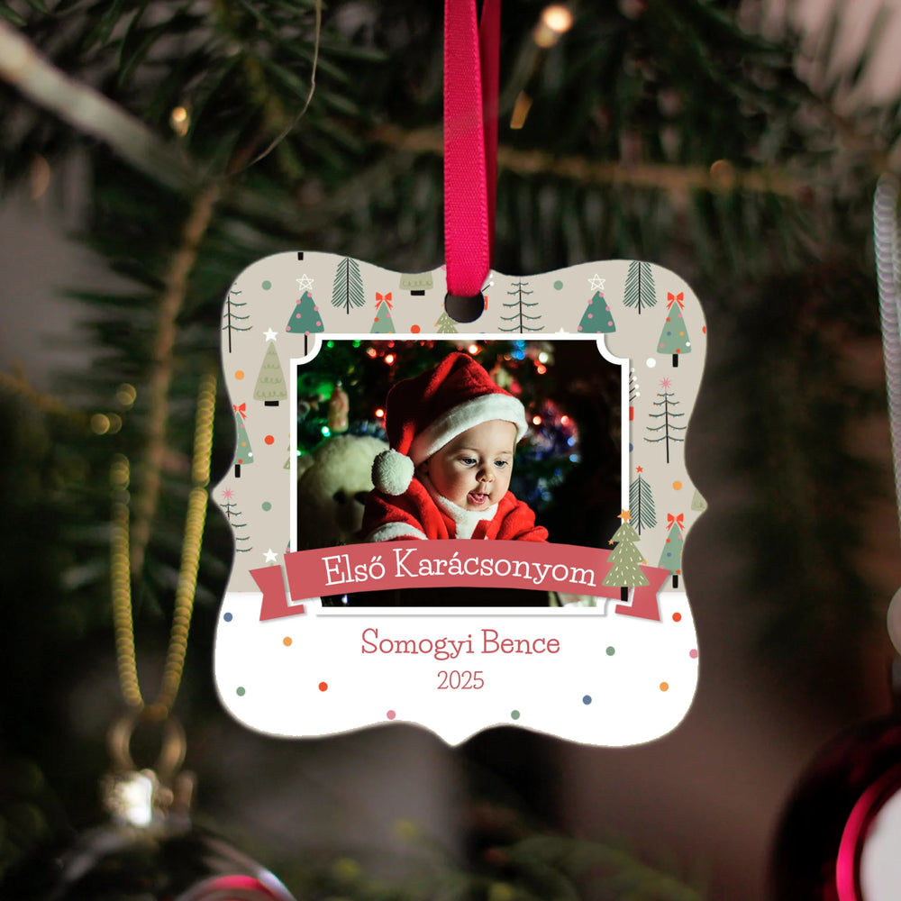 Négyzetes karácsonyfadísz karácsonyi mintával - saját fotóval és felirattal