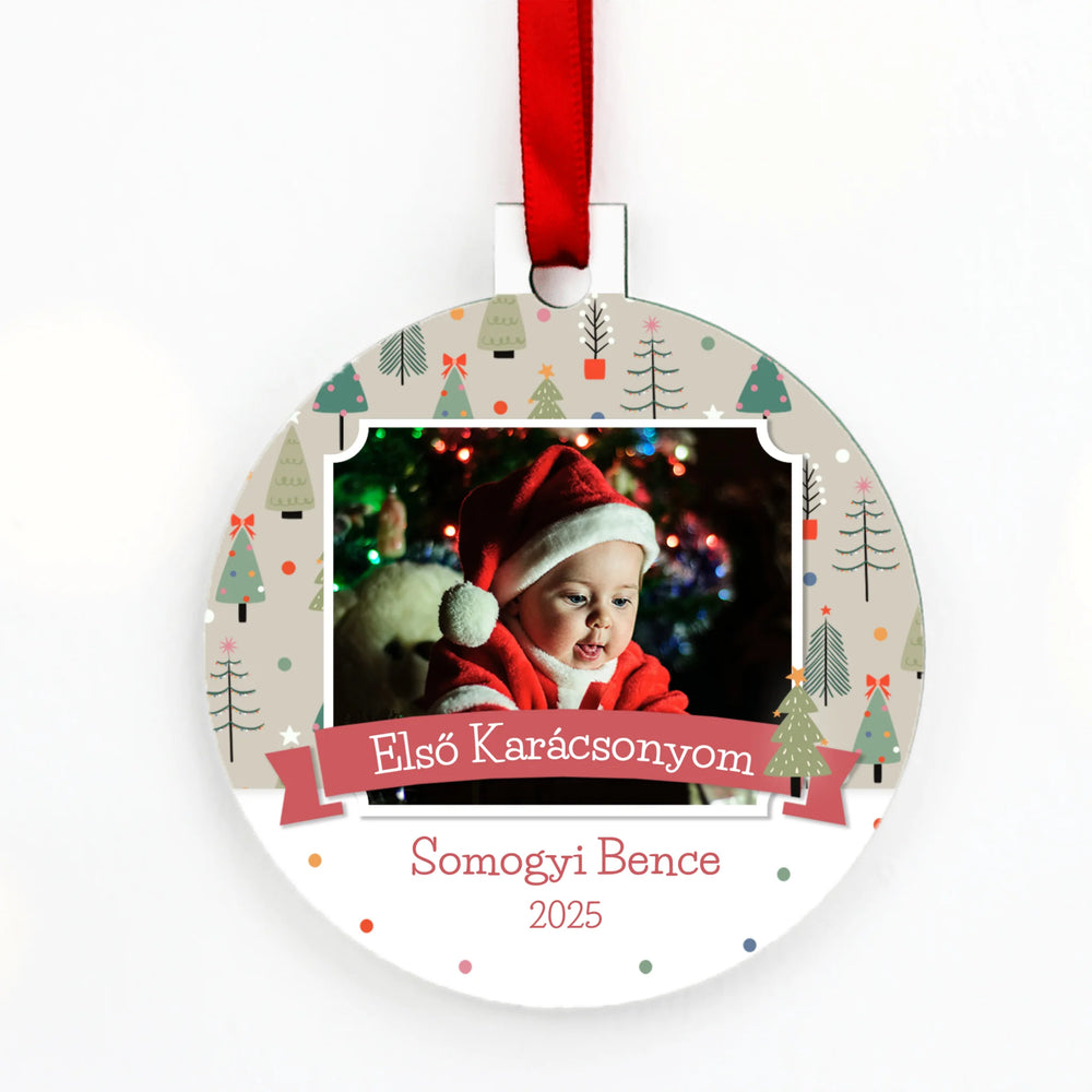 Kör alakú karácsonyfadísz karácsonyi mintával - saját fotóval és felirattal