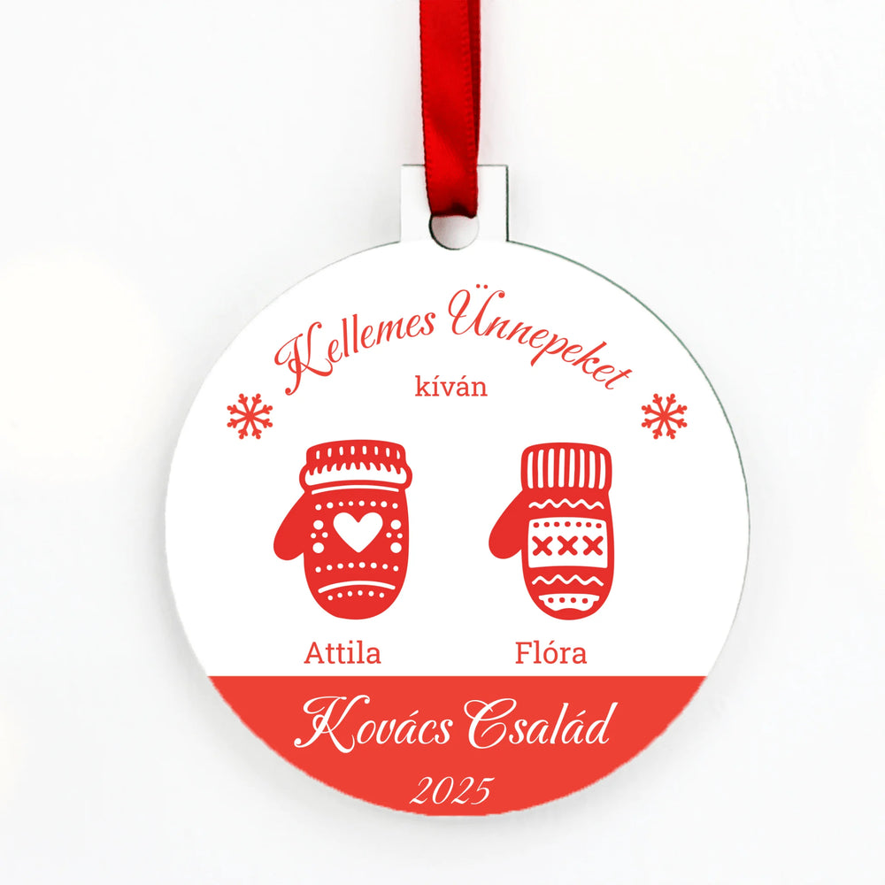 Karácsonyi kesztyűk - családneves kör karácsonyfadísz