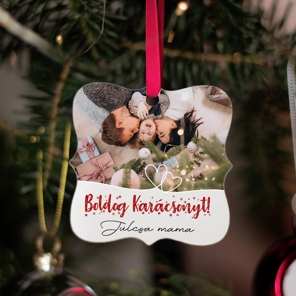 Fényképes ajándék karácsonyfadísz egyedi felirattal