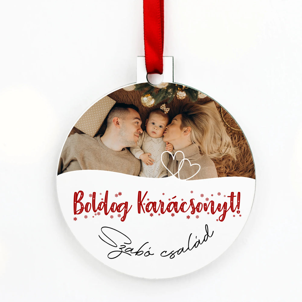 Egyedi fényképes kör alakú karácsonyfadísz szerkeszthető felirattal