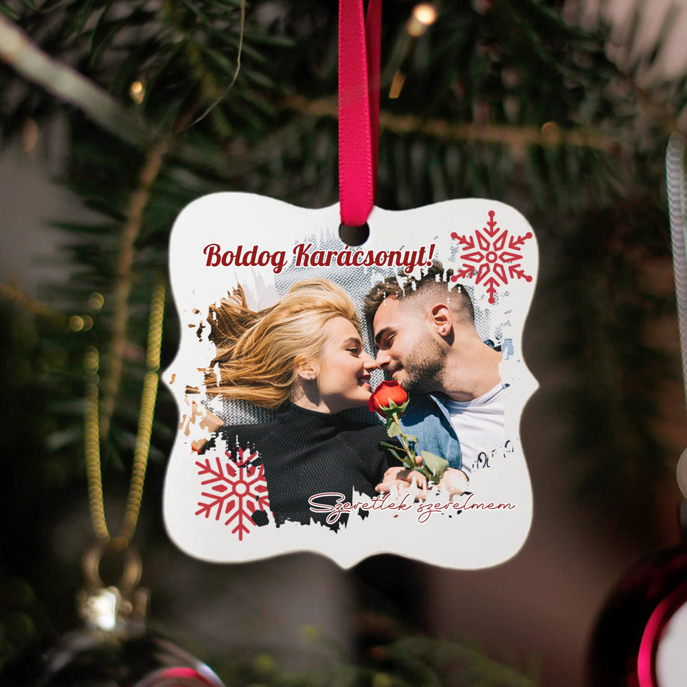 Egyedi fényképes ajándék karácsonyfadísz szerkeszthető felirattal