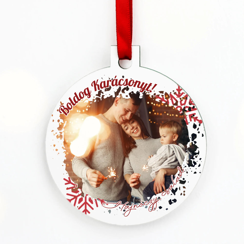 Egyedi karácsonyi mintás fényképes kör alakú karácsonyfadísz szerkeszthető felirattal