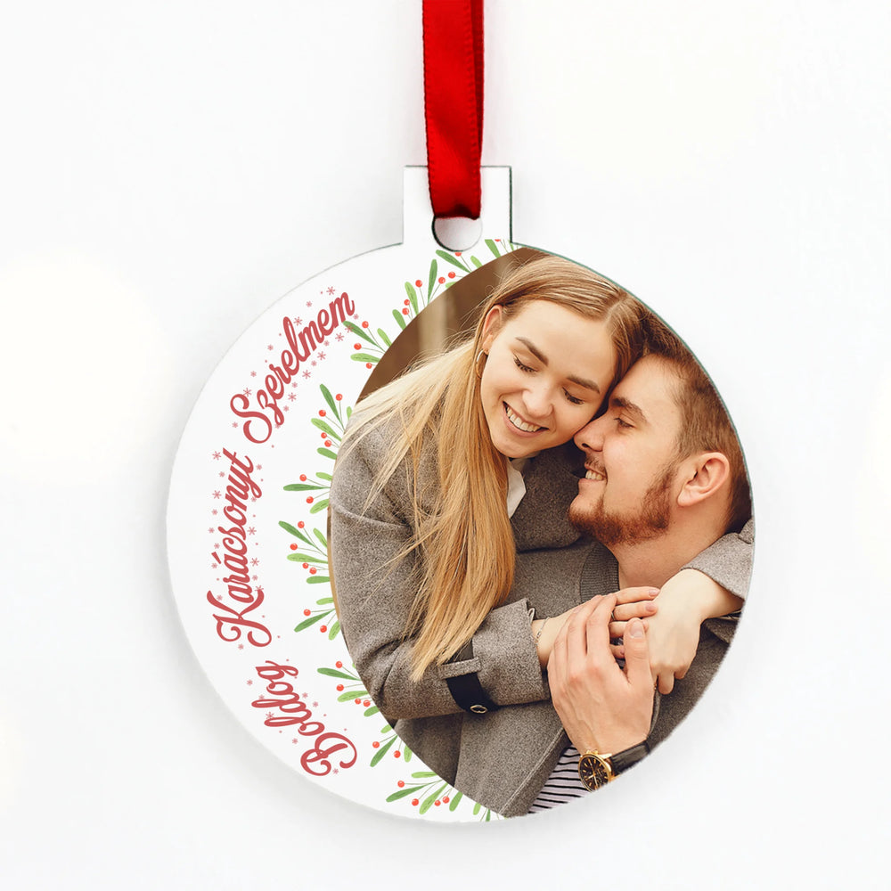 Egyedi képes kör alakú karácsonyfadísz szerkeszthető felirattal