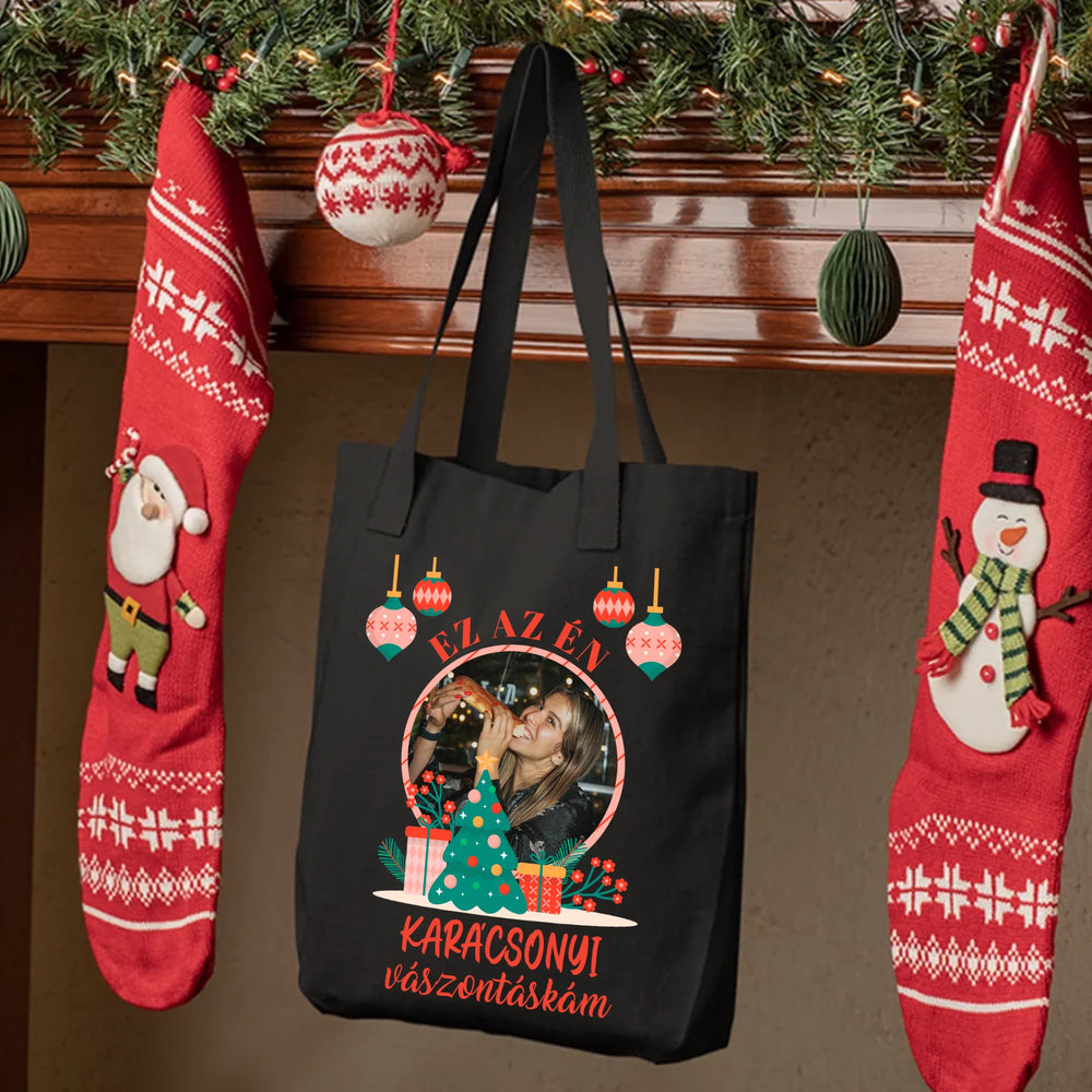 Ez az én karácsonyi vászontáskám egyedi képpel - fekete színben