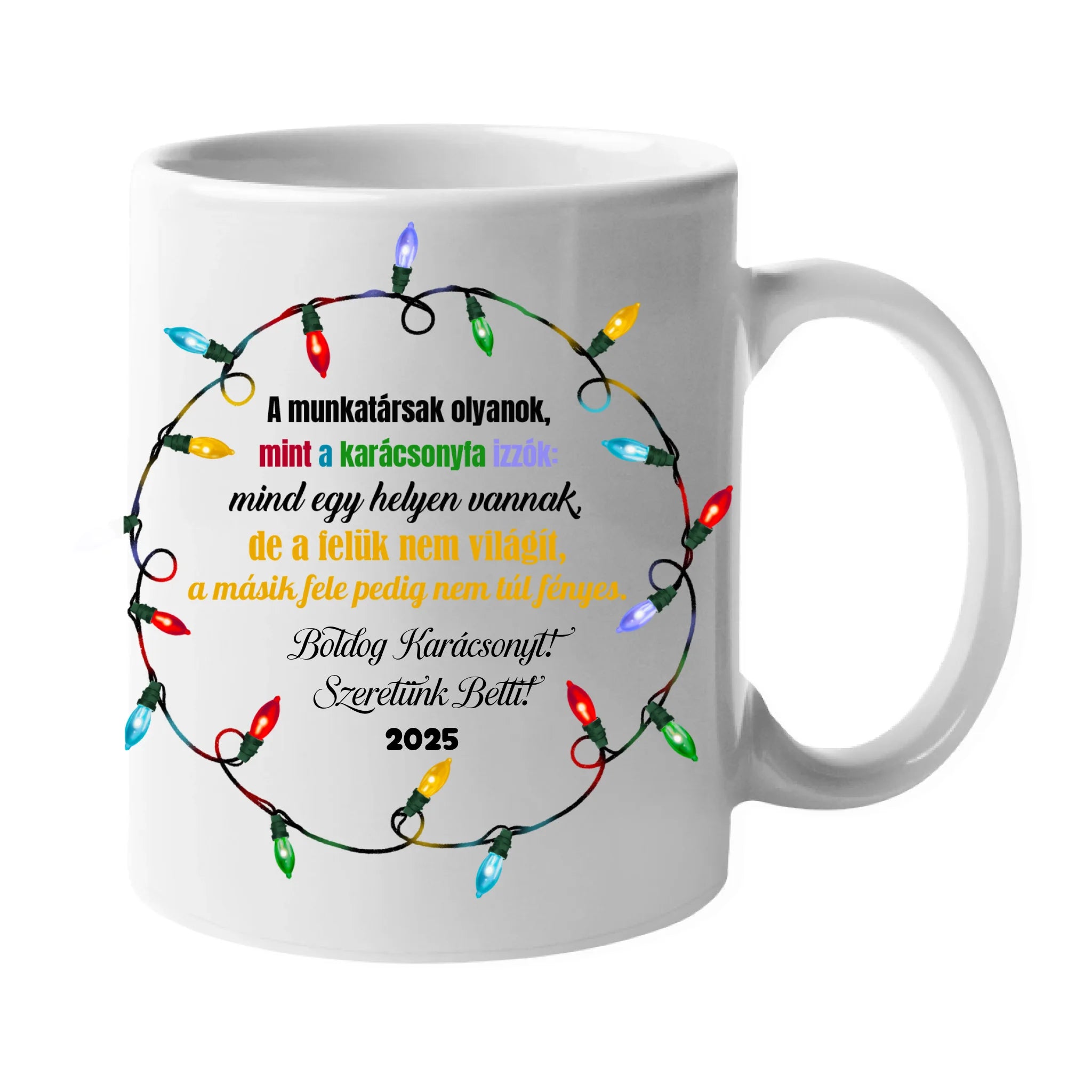 Karácsonyi bögre kollégáknak egyedi felirattal és képekkel