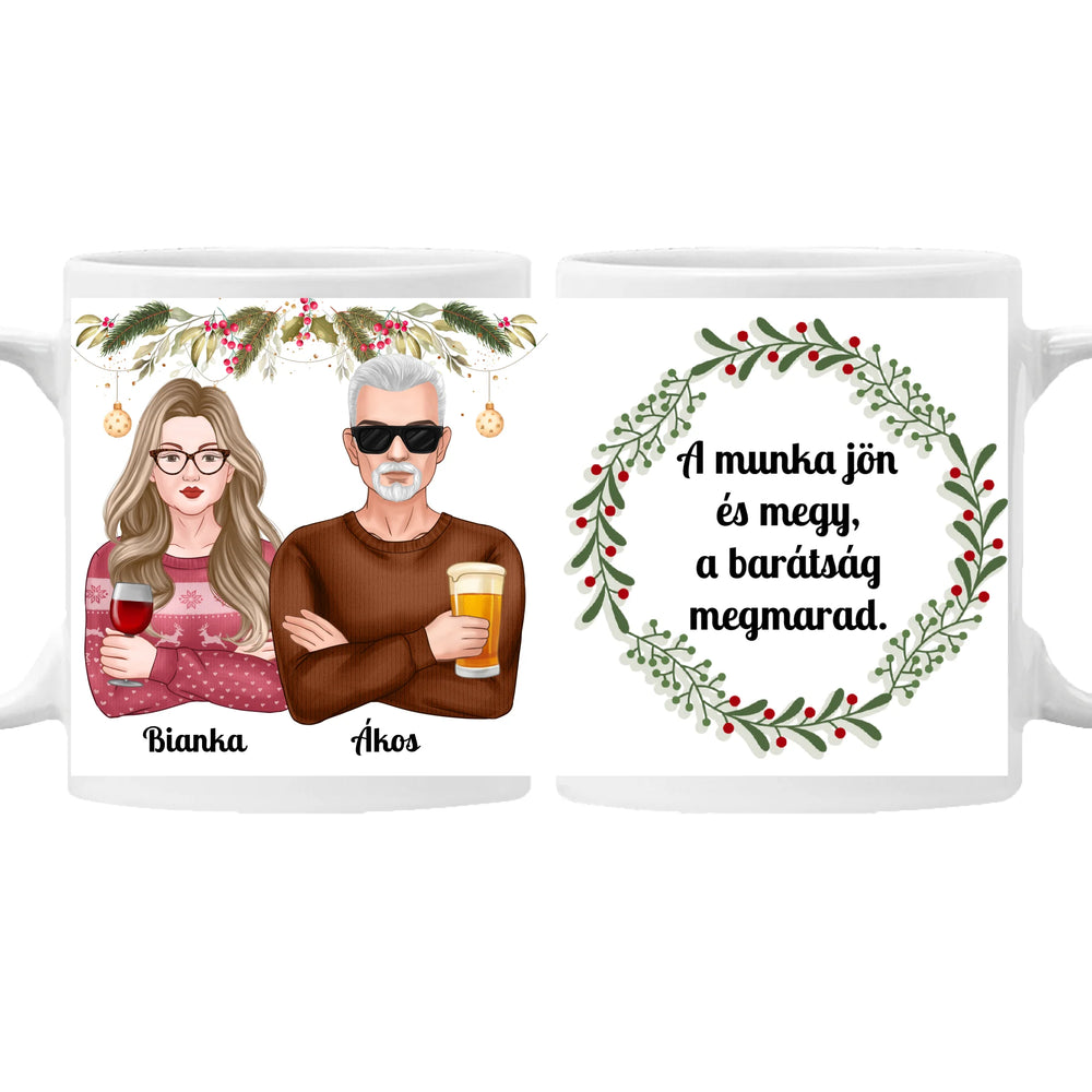 Karácsonyi bögre kollégáknak – vicces üzenettel és fényképpel