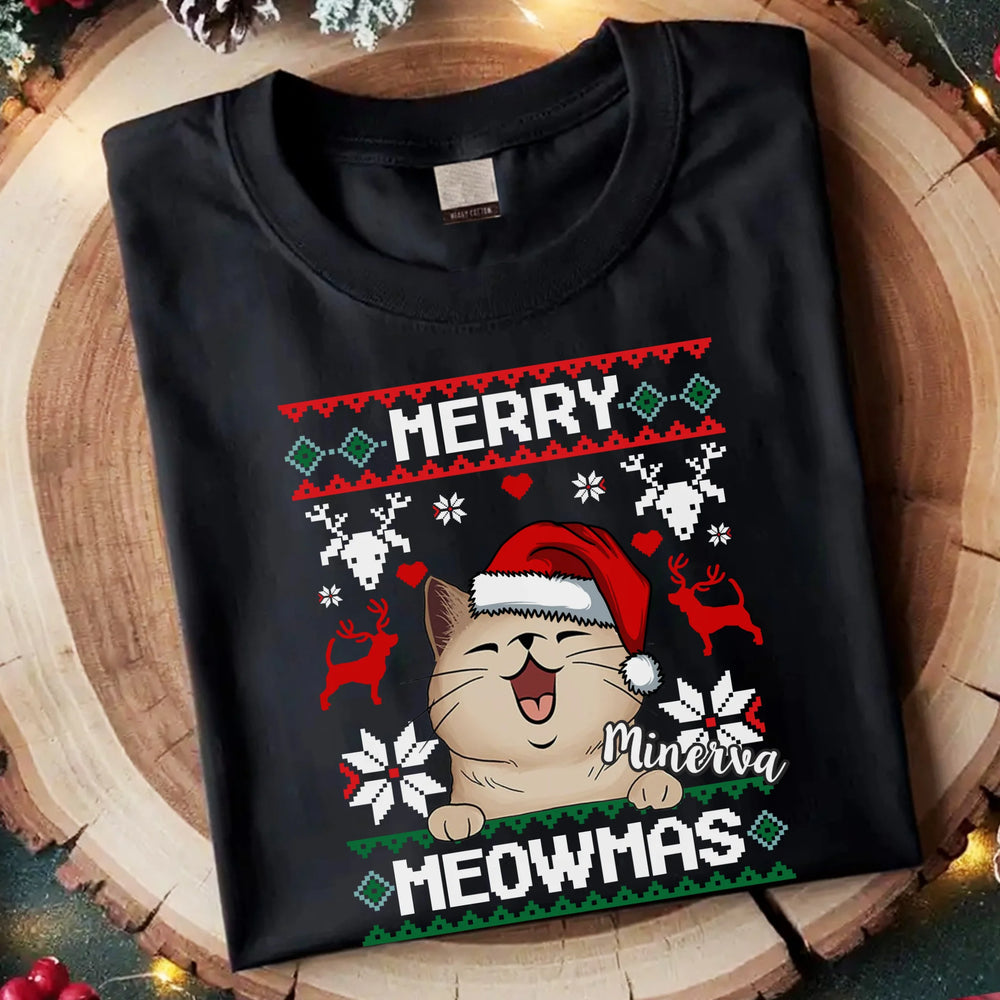 Merry Meowmass Karácsonyi Póló Gazdiknak választható macskával -egyedi ajándék férfiaknak