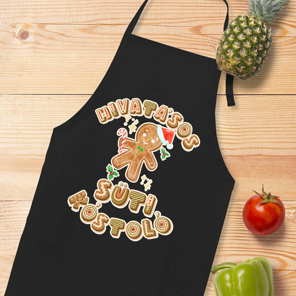 Hivatásos süti kostoló feliratú fekete karácsonyi mintájú kötény