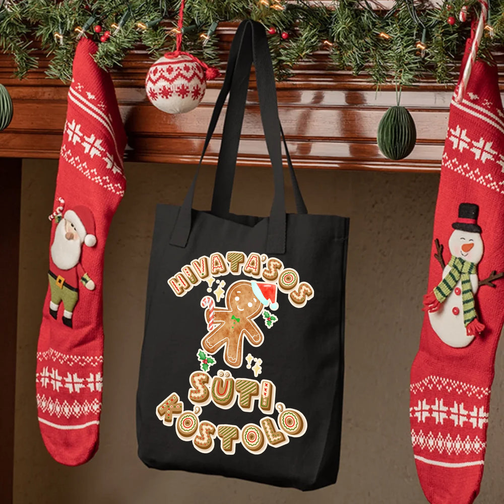 Hivatásos süti kostoló feliratú karácsonyi mintájú fekete vászontáska