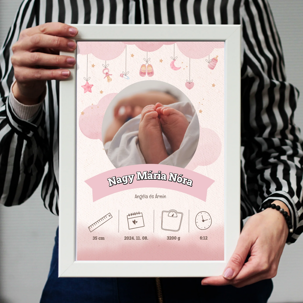 Megérkeztem falikép adatokkal babaköszöntő ajándék szülőknek