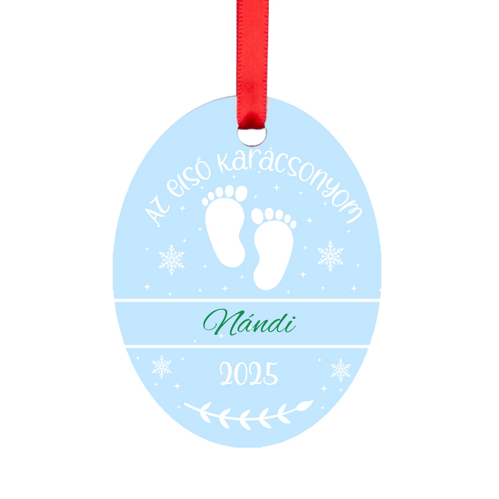 Az első karácsonyom - feliratos ovális karácsonyfadísz fiúknak egyedi névvel