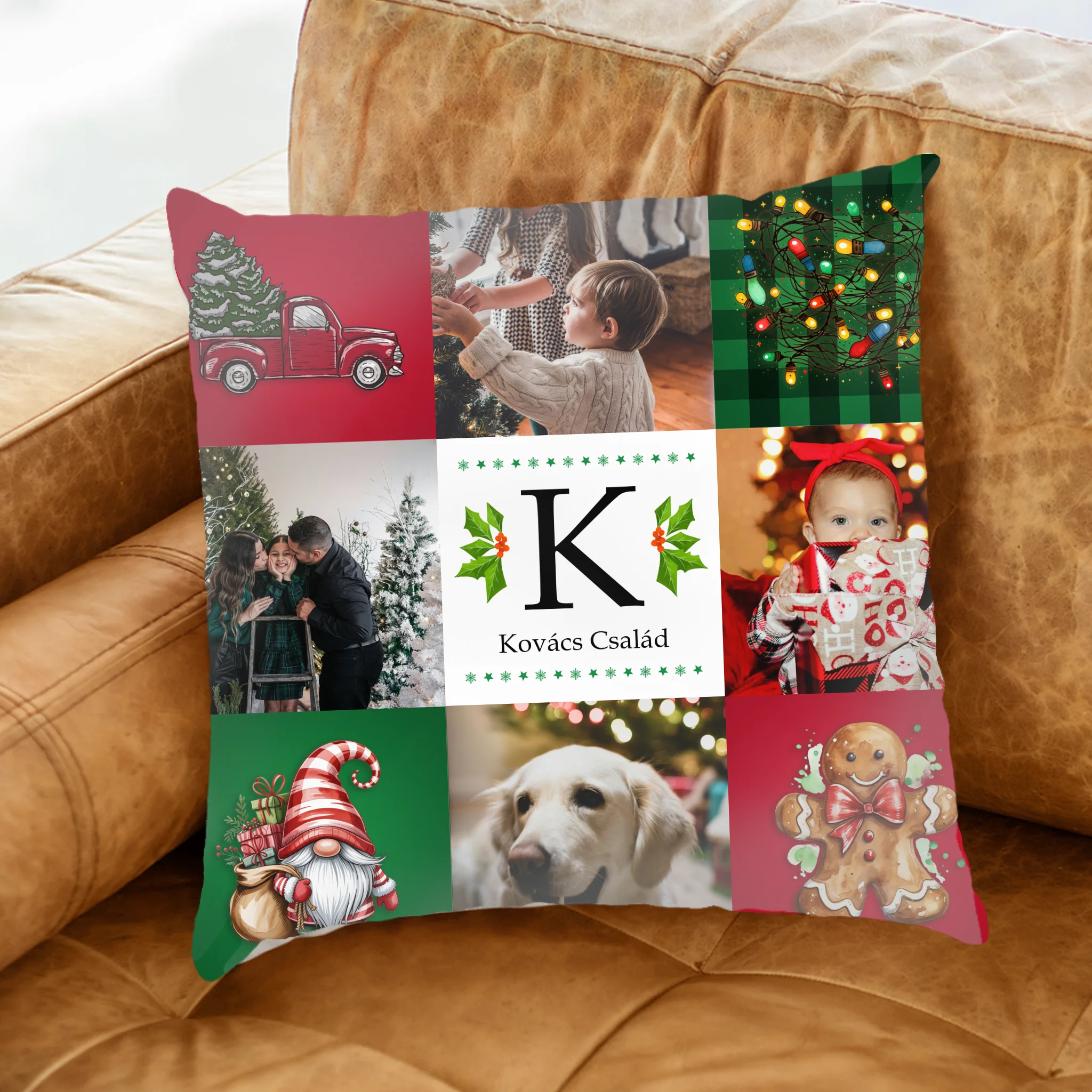 Karácsonyi fullprint párna családnévvel és 4 képpel