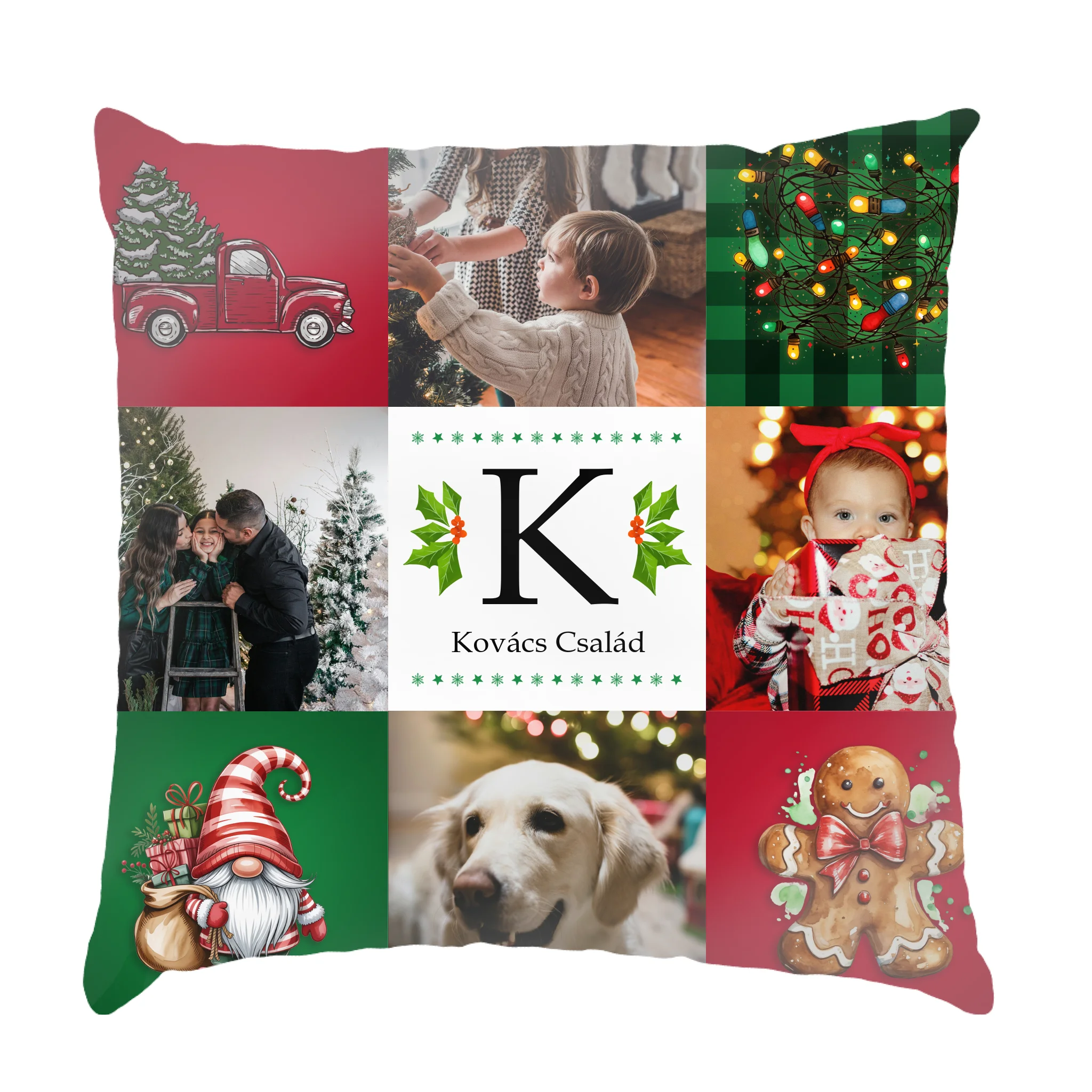 Karácsonyi fullprint párna családnévvel és 4 képpel