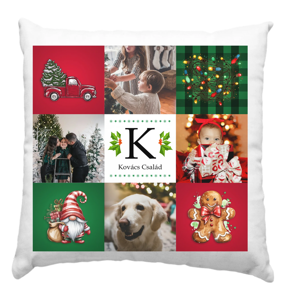 Karácsonyi párna családnévvel és 4 képpel