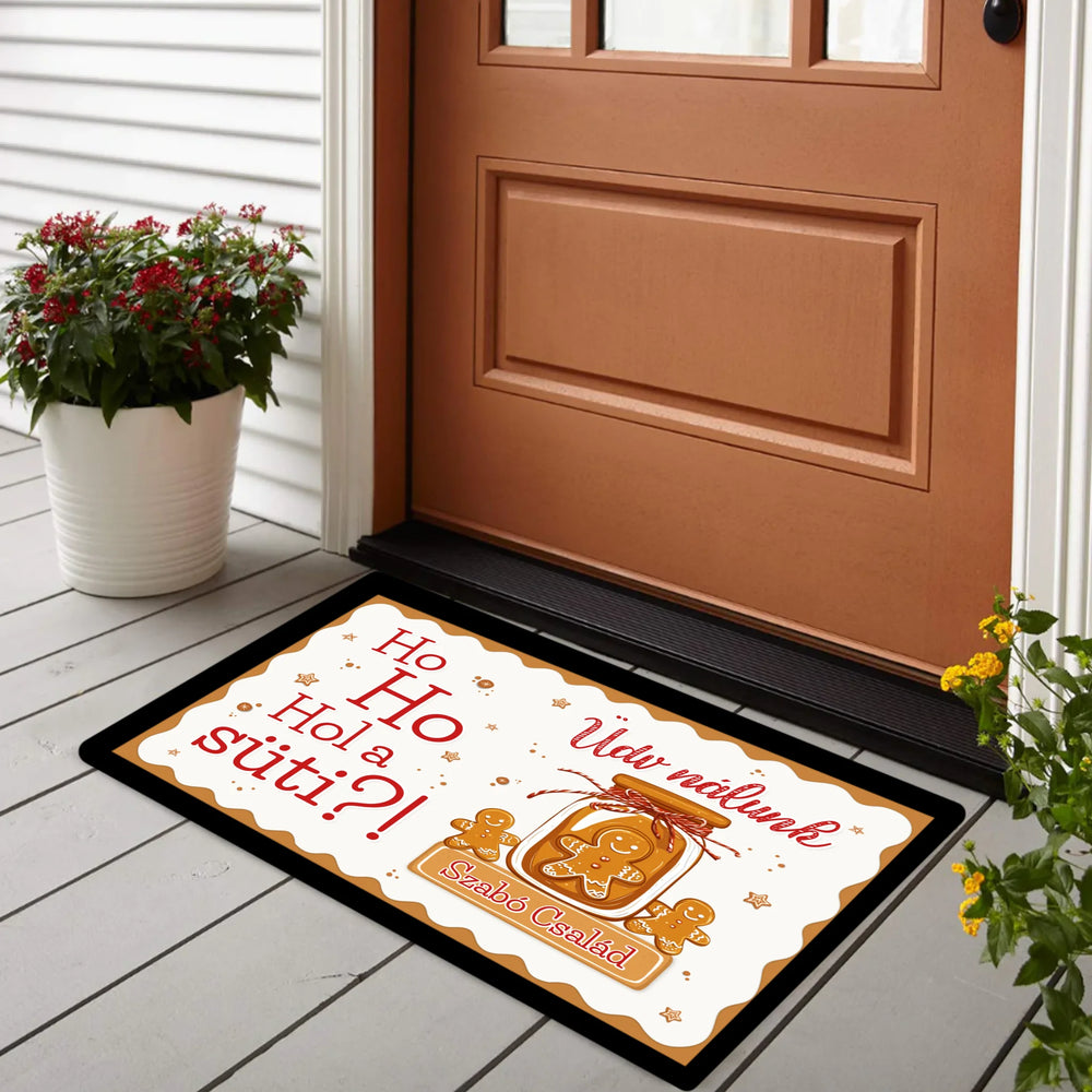 Egyedi karácsonyi lábtörlő mézeskalács mintával - családnévvel